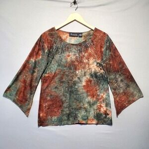 Frazzle Boho Bell Sleeve Top Womens Small Earth Tone Tie Dye Rhinestone Artsy